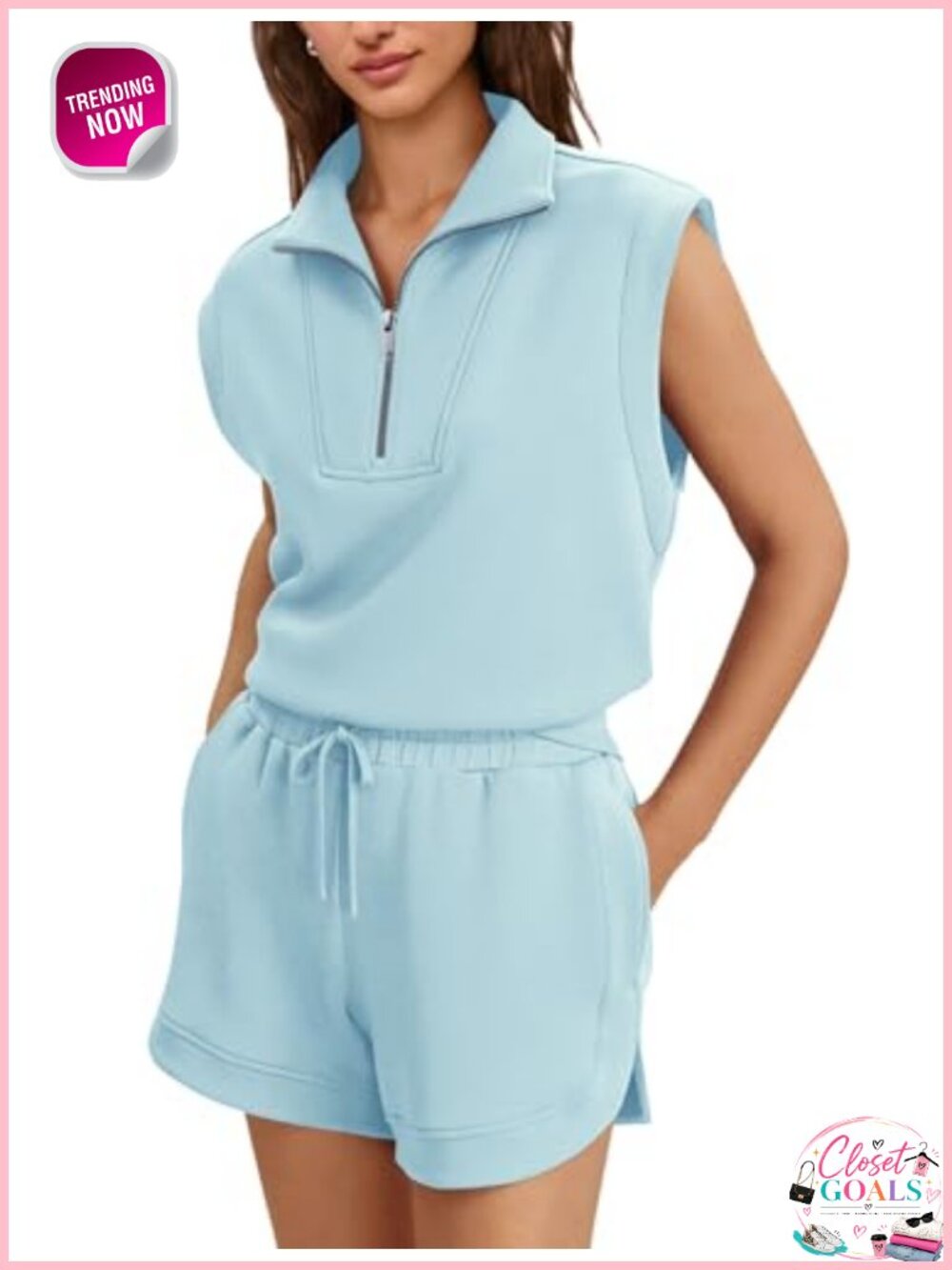 Womens 2 Piece Short Set Quarter Zip Cap Sleeve Tops & Drawstring Shorts
